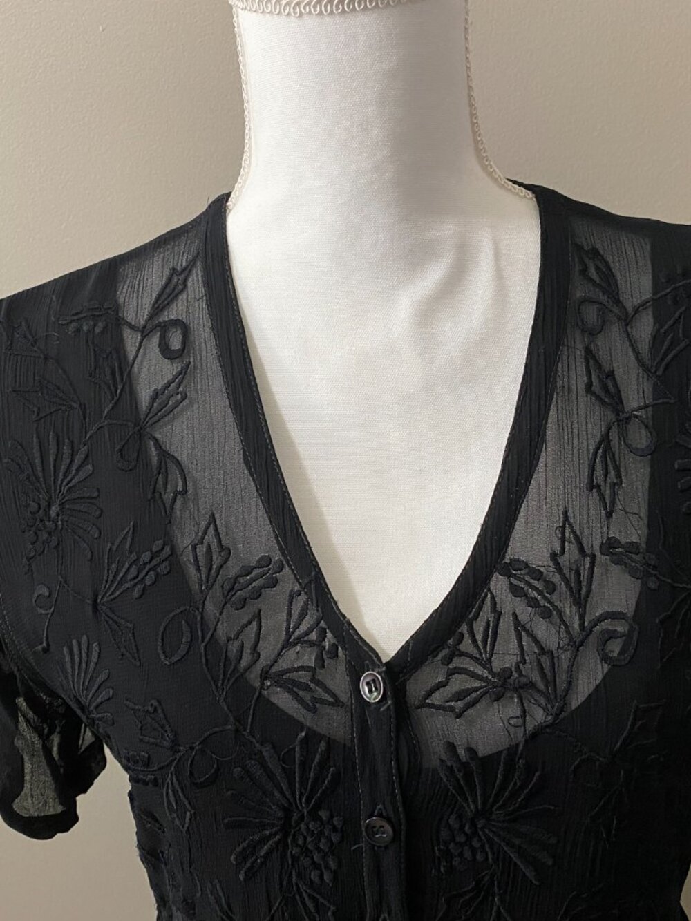 Vintage Sheer Black Embroidered Dress/Medium - Picture 3 of 8